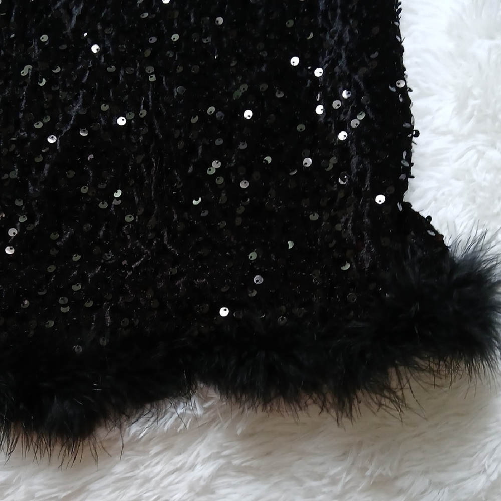 Whimsigoth Dark Black Sequin Feather Trim One-Shoulder Midi Party Prom Dress - Picture 4 of 15